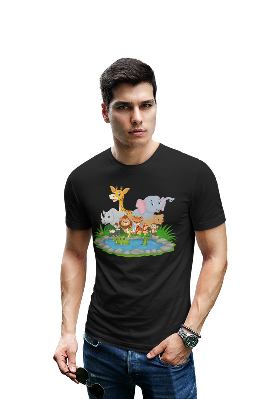 wildlifekart.com Presents Men Cotton Regular Fit T-Shirt | Design : animal collage water pond