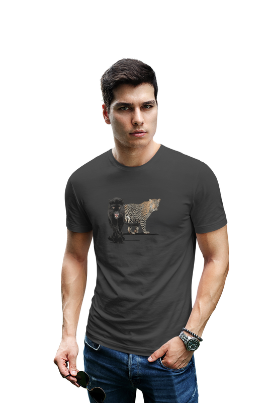 wildlifekart.com Presents Men Cotton Regular Fit T-Shirt | Design : black panthar and leopard