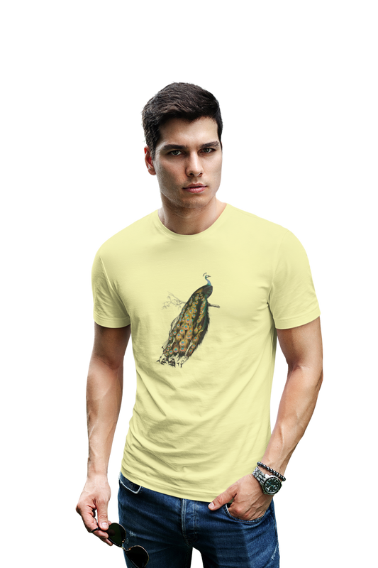 wildlifekart.com Presents Men Cotton Regular Fit T-Shirt | Design : peacock seating on branch
