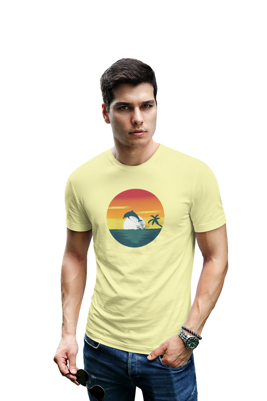 wildlifekart.com Presents Men Cotton Regular Fit T-Shirt | Design : dolphin jumping sunset in round sunset in round - Image 2