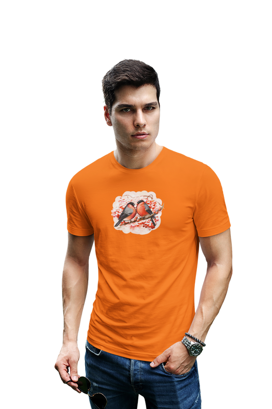 wildlifekart.com Presents Men Cotton Regular Fit T-Shirt | Design : 2 grey orange birds red fruit