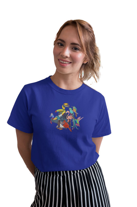 wildlifekart.com Presents Women Cotton Regular Fit T-Shirt | Design : cartoon birds collage half round - Image 8