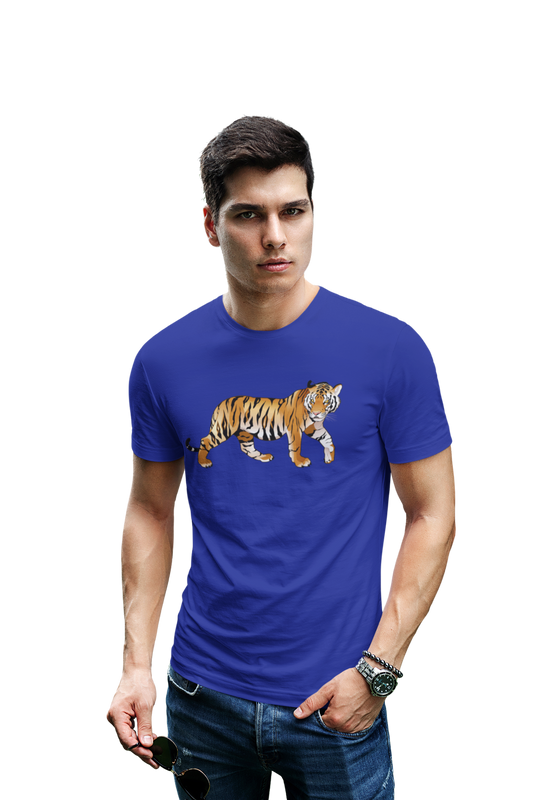 wildlifekart.com Presents Men Cotton Regular Fit T-Shirt | Design : walking tiger looking behind