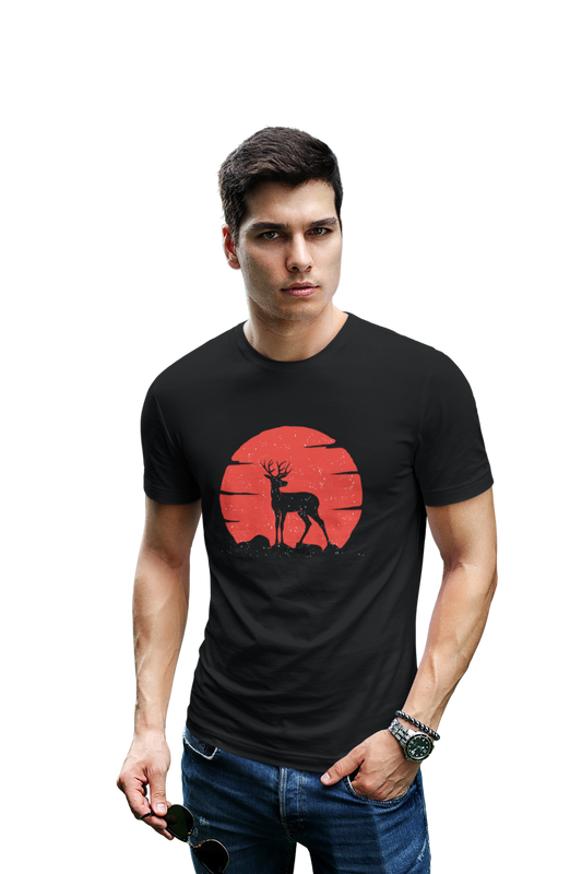 wildlifekart.com Presents Men Cotton Regular Fit T-Shirt | Design :Deer And Sun