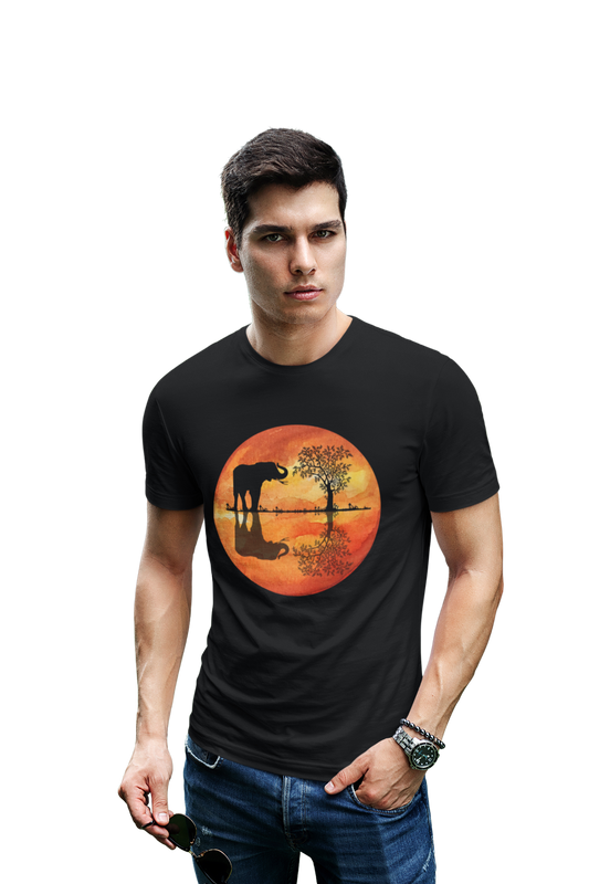 wildlifekart.com Presents Men Cotton Regular Fit T-Shirt | Design :Elephant Reflection Sunset
