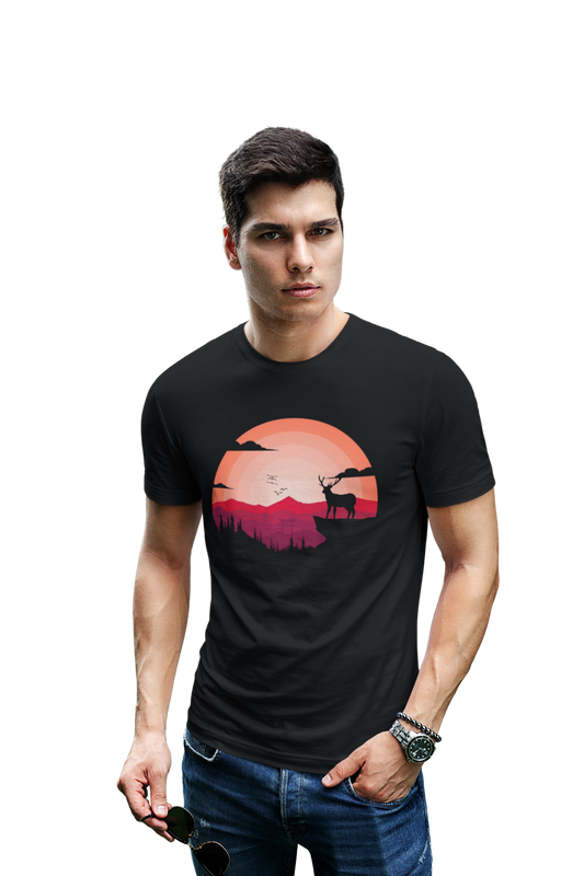 wildlifekart.com Presents Men Cotton Regular Fit T-Shirt | Design : Deer And Orange Moon