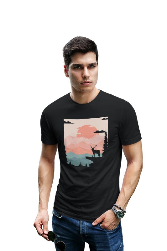 wildlifekart.com Presents Men Cotton Regular Fit T-Shirt | Design : Deer And Sun