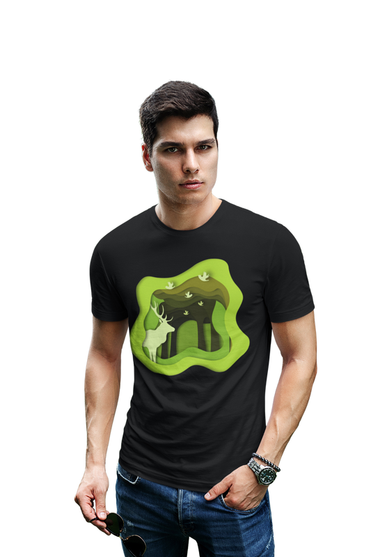 wildlifekart.com Presents Men Cotton Regular Fit T-Shirt | Design : Deer And Tree