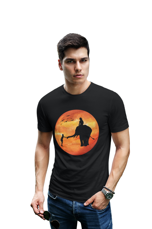wildlifekart.com Presents Men Cotton Regular Fit T-Shirt | Design : Elephant With Mahut Sunset