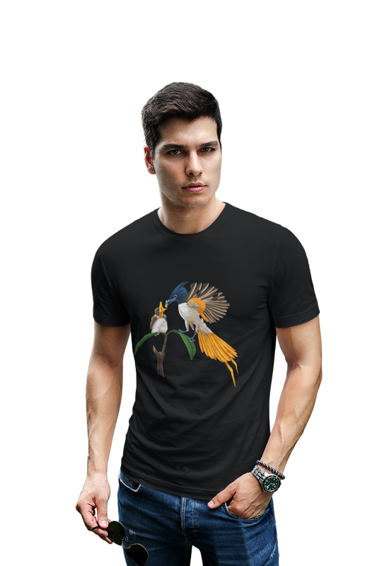 wildlifekart.com Presents Men Cotton Regular Fit T-Shirt | Design : Paradise Fly Catcher With Chick