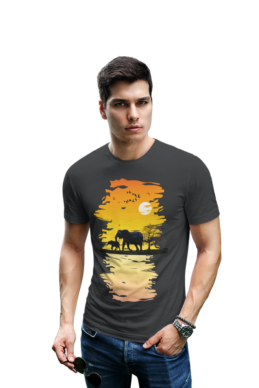 wildlifekart.com Presents Men Cotton Regular Fit T-Shirt | Design : Two Dark Elephant
