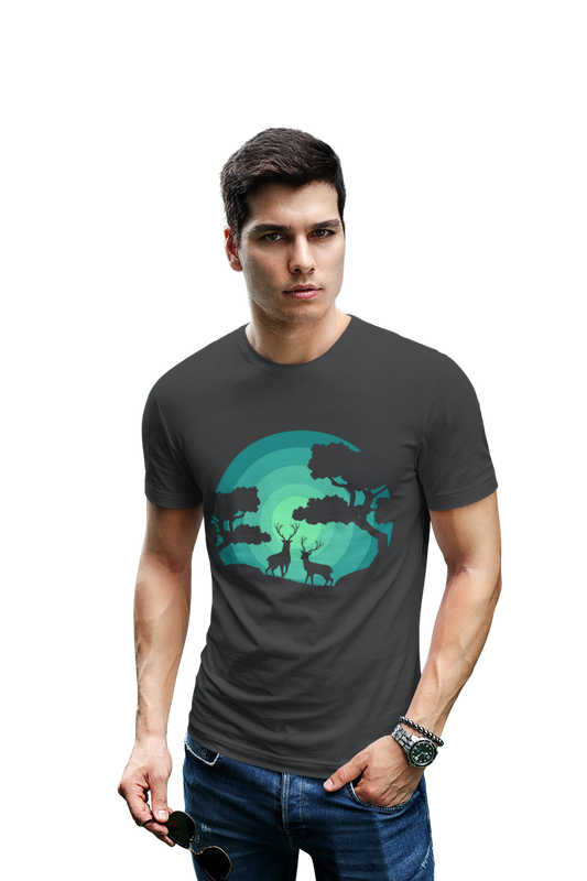 wildlifekart.com Presents Men Cotton Regular Fit T-Shirt | Design : Two Deers In Dark