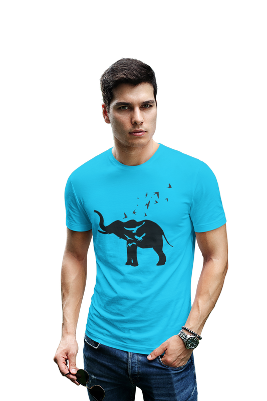 wildlifekart.com Presents Men Cotton Regular Fit T-Shirt | Design : Standing Black elephant and birds