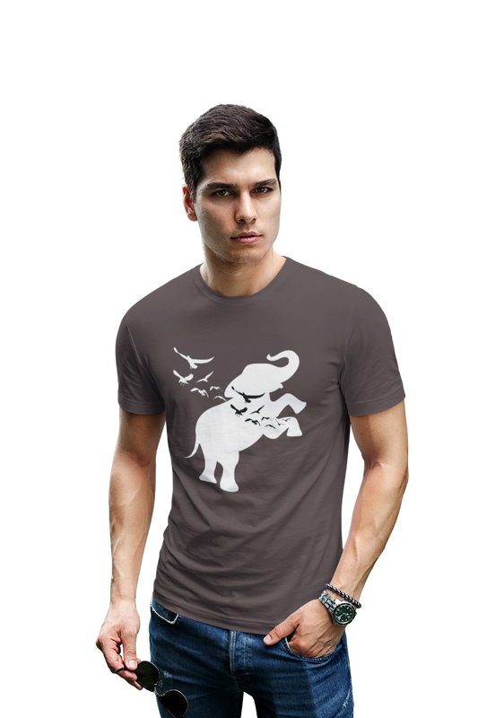 wildlifekart.com Presents Men Cotton Regular Fit T-Shirt | Design : White Elephant and Birds - Image 2