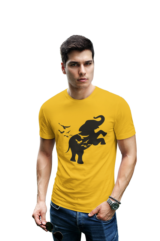 wildlifekart.com Presents Men Cotton Regular Fit T-Shirt | Design :Black Elephant And Birds
