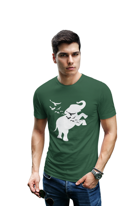 wildlifekart.com Presents Men Cotton Regular Fit T-Shirt | Design : White Elephant and Birds - Image 4