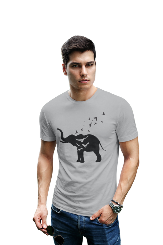 wildlifekart.com Presents Men Cotton Regular Fit T-Shirt | Design : Standing Black elephant and birds - Image 5