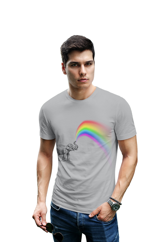 wildlifekart.com Presents Men Cotton Regular Fit T-Shirt | Design : Elephant With Rainbow