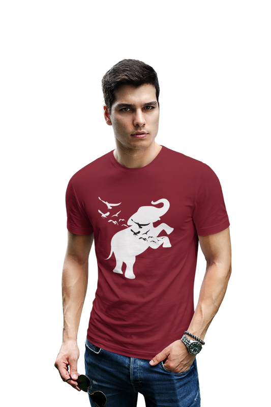 wildlifekart.com Presents Men Cotton Regular Fit T-Shirt | Design : White Elephant and Birds - Image 3