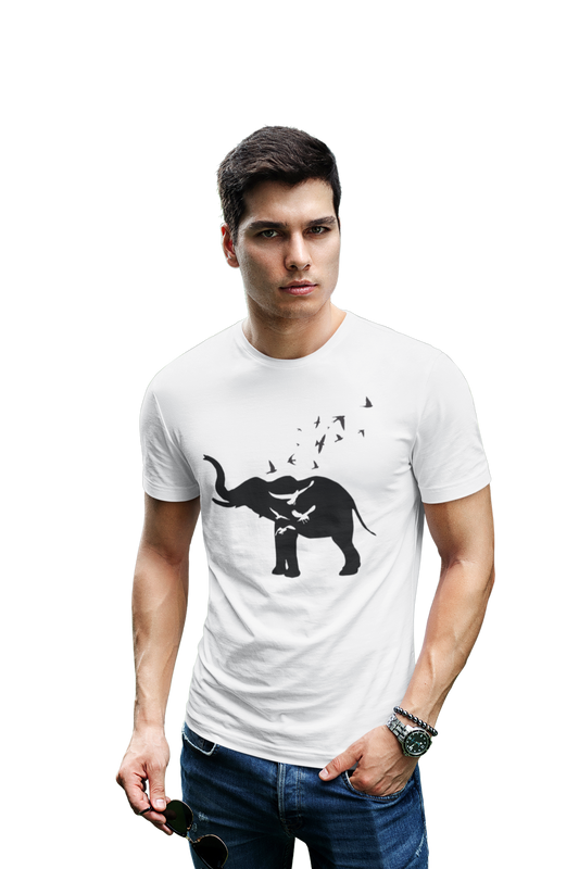 wildlifekart.com Presents Men Cotton Regular Fit T-Shirt | Design : Standing Black elephant and birds - Image 2