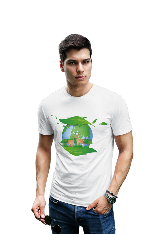 wildlifekart.com Presents Men Cotton Regular Fit T-Shirt | Design : Earth And Two Deers - Image 4